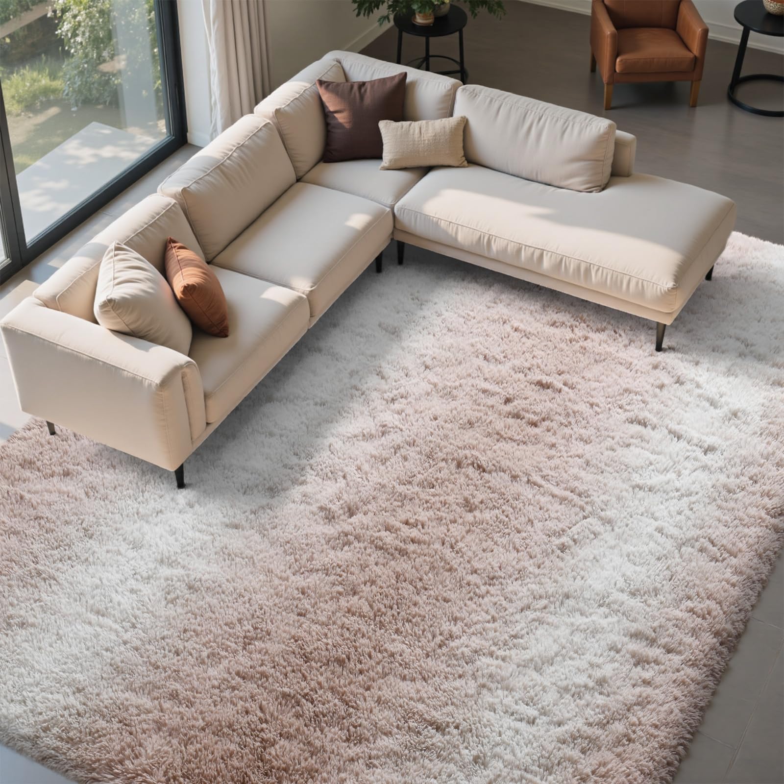 FinRèc 8x10 Rugs for Living Room Bedroom, Striped Beige Fluffy Shaggy Area Rug, Non-Slip Soft Shag Rug for Nursery Kids Room Dorm Room Home Decor, Indoor Plush Floor Carpet Image