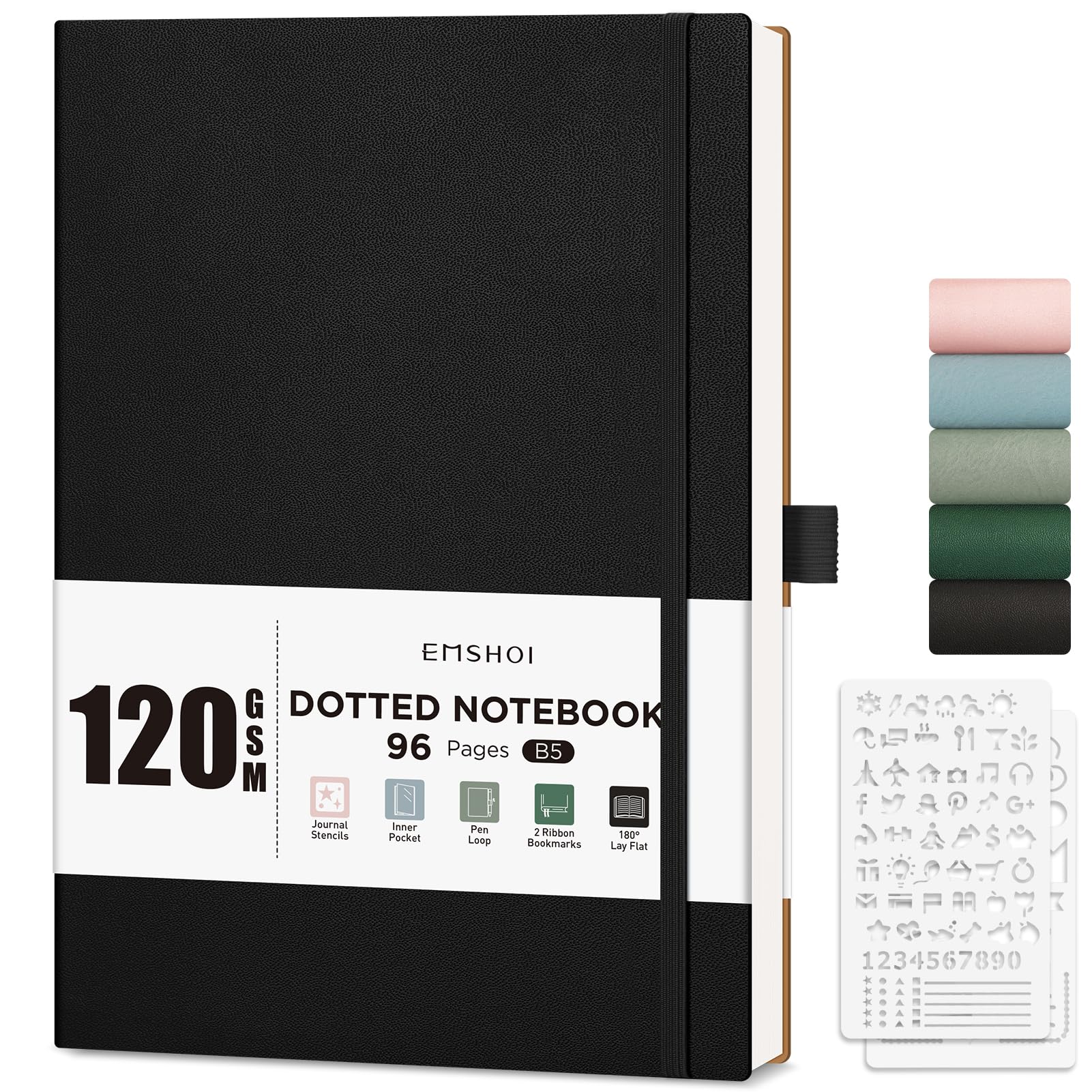 EMSHOI B5 Notebook Dotted Journal - 120gsm Thick Paper, 19.5 x 25.5 cm Large Dot Grid Notebook for Bullet Journaling with 96 Pages, Journal Stencils, Softcover Leather, Inner Pocket, Black