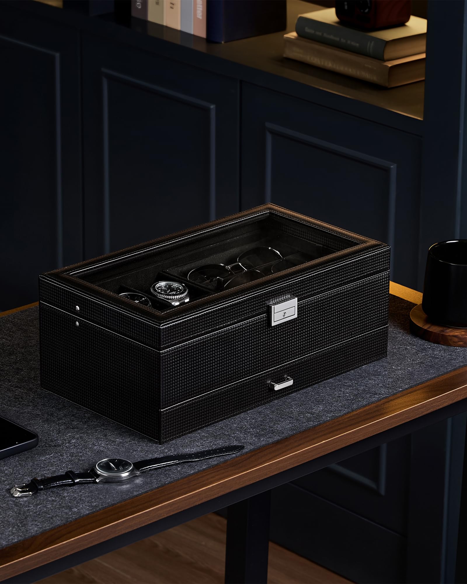 ProCase ProCase Mens Jewelry Box, Lockable 6 Slot Watch Case & 3 Slot Sunglasses Organizer, 2-layer Mens Jewelry Organizer Watch Box for Men, Watches Holder Display Storage Birthday Christmas Gifts -AllBlack