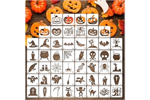 HUAHUI 50 PCS Small Halloween Stencils Reusable, 3x3 Inch Halloween Stencils for Painting on Wood DIY Crafts Ornaments Wood Halloween Decoration (50pcs 3in halloween)