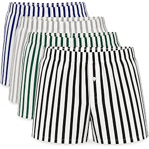 SHIQINUO Men's Cotton Boxer Shorts 4 Pack, Loose Fit Button Fly Underwear | 95% cotton, 5% spandex striped boxer shorts with