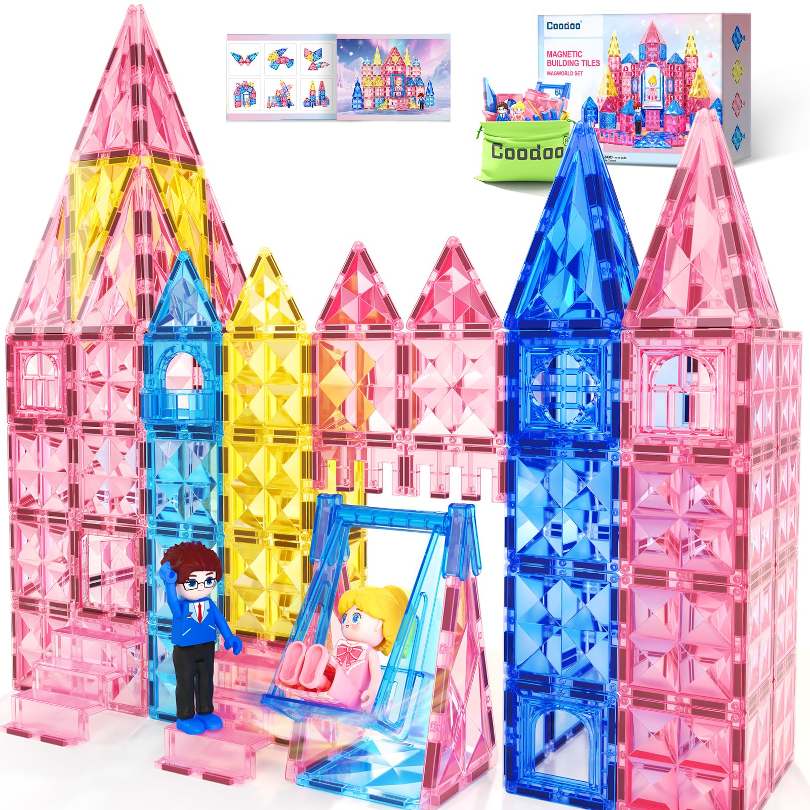 Coodoo Diamond Magnetic Tiles Magnetic Building Blocks STEM Sensory Toy for Boys Girls Pink Castle Dollhouse Pretend Princess Toys for 3 4 5 6 Year Old Girls Toys Birthday Xmas Present Image
