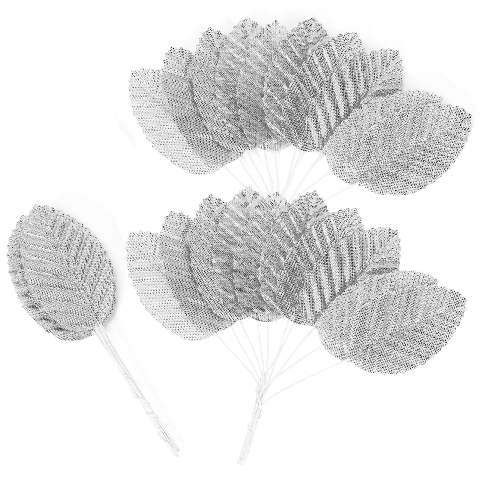 MWOOT 200Pcs Artificial Rose Leaves, Fake Single Leaf for Crafts, Silver Faux Silk Leaves for DIY Cake Bouquet Wreaths Christmas Wedding Party Festival Table Decoration, Wired Silver Leaves
