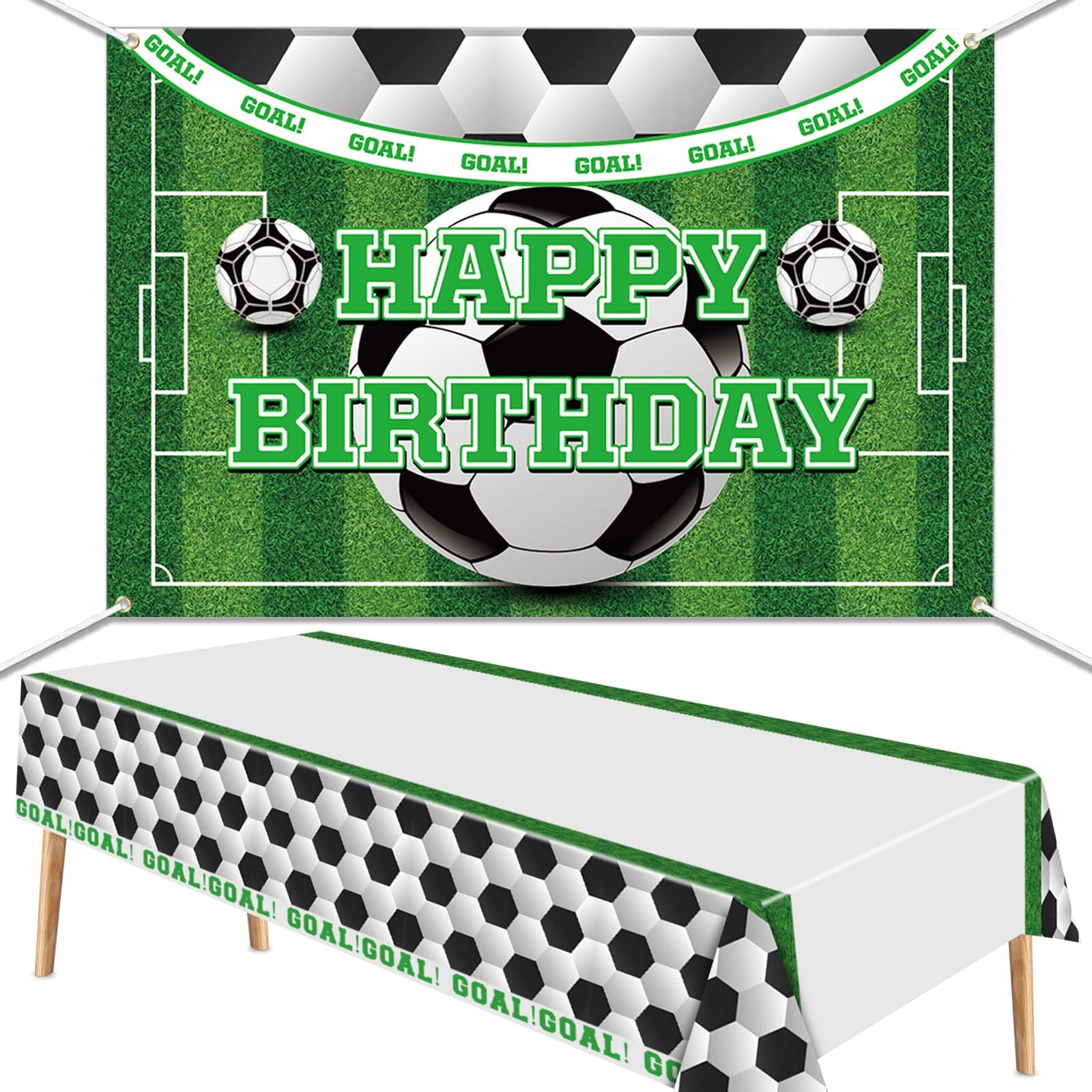 PIXHOTUL Football Backdrop and Table Cover Set - Football Happy Birthday Photo Background, 130 x 220cm Rectangle Plastic Tablecloth Decorations for Kids Football Themed Birthday Party Decorations