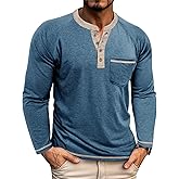 Mens Henley Shirts Long Sleeve Casual T-Shirts Basic Classic Vintage Cotton Tee Shirts Pocket Button Shirt
