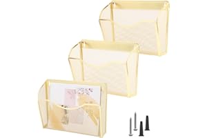 COSYAWN 3 Pack Mesh Wall Mounted File Holder, Metal Vertical Hanging Wall Paper Folder Mail Organizer, Single Pockets for Home and Office, Gold