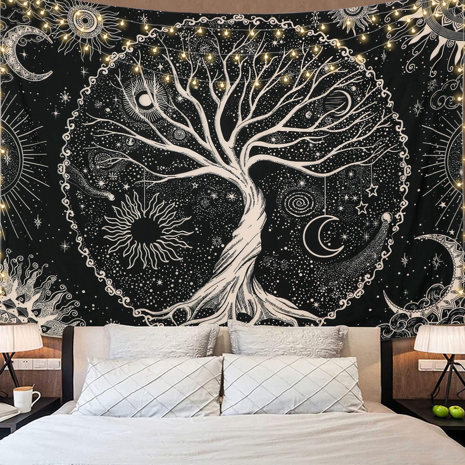 Dremisland Tree of Life Tapestry Trippy Mandala Wall Tapestry Sun and Moon Tapestries Black Galaxy Stars Bohemian Aesthetic Wall Hanging Bedroom Home Decor (M/130X150cm(51"X59"), Black)