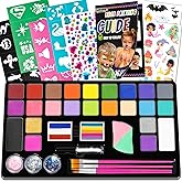 Fenmay Face Painting Kit for Kids, 24 Colors Washable Face Paint, Safe for Sensitive Skin, Non-Toxic Professional Face Painting Kit, Halloween Birthdays Makeup Set with Stencils, Guide Book