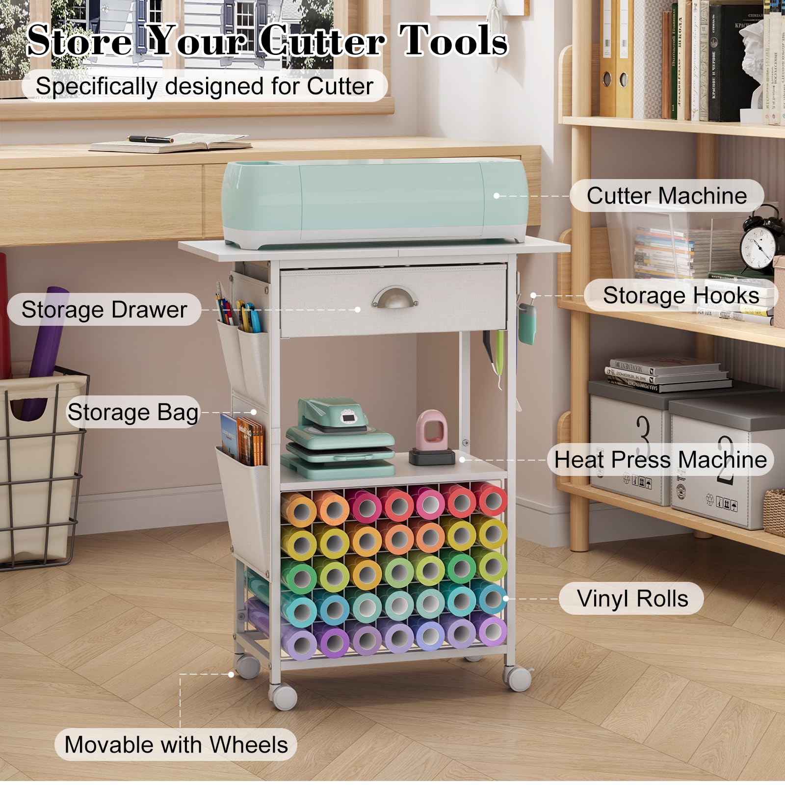 Craft Organizers Table and Storage Cart: Organizing Cutting Accessories and Machine with 35 Vinyl Roll Holders, Crafting Heat Press Stand with Drawers and Hooks, White