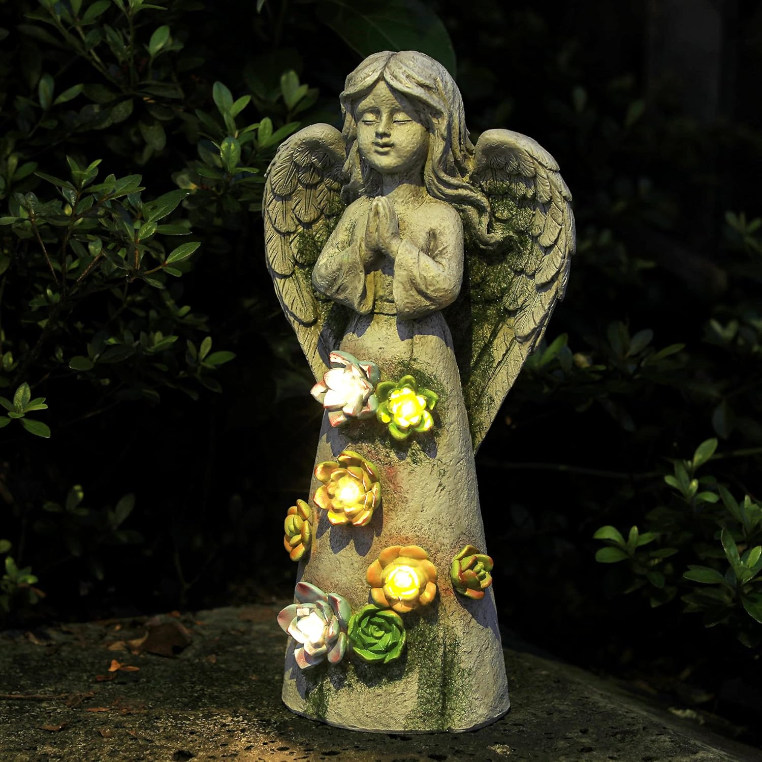 WEFINDER Garden Decor Angel Statue, Solar Powered Praying Fairy Angel Figurines with 5 LED Flower Lights, Garden Art Ornaments for Patio Lawn Yard, Sympathy Gift, Housewarming Gift