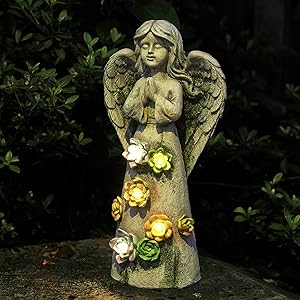 WEFINDER Garden Decor Angel Statue, Solar Powered Praying Fairy Angel Figurines with 5 LED Flower Lights, Garden Art Ornaments for Patio Lawn Yard, Sympathy Gift, Housewarming Gift