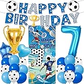 7th Birthday Soccer Party Decorations - 24 Pcs Blue Football Theme Happy Birthday Banner Backdrop Number 7 Trophy Star Heart Foil Balloons Set for Boys 7 Years Old Soccer Sports Party Decor Supplies