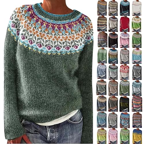 womens christmas jumper,Sweaters for Women UK Fall Winter Long Sleeve Fairisle Jumper Crewneck Vintage Pullover Casual Comfy Sweatshirts Trendy Fashion Tops Shirts Clothes,Green,L