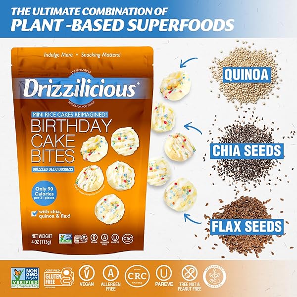 DRIZZILICIOUS MINI FLAVORED RICE CAKES BIRTHDAY CAKE – RICE CRISPS, HEALTHY SNACK FOR ADULTS AND KIDS, VEGAN, GLUTEN FREE SNACK, ALLERGEN FREE, ONLY 90 CALORIES PER 21 PIECES – 4 OZ (PACK OF 1)