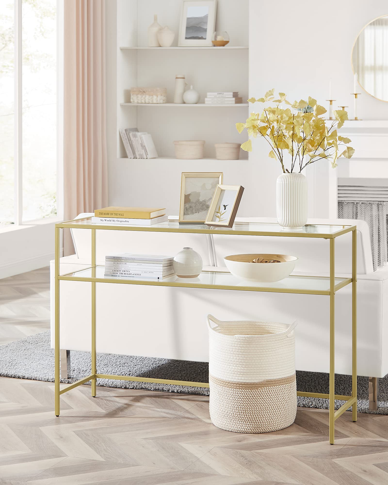 47.2 Inch Console Sofa Table, Modern Entryway Table, Tempered Glass Table, Metal Frame, 2 Shelves, Adjustable Feet, for Living Room, Hallway, Gold Color ULGT045A61 VASAGLE 47.2 Inch Console Sofa Table, Modern Entryway Table, Tempered Glass Table, Metal Frame, 2 Shelves, Adjustable Feet, for Living Room, Hallway, Gold Color ULGT045A61