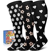 Lalapapa Wide Calf Compression Socks for Women - 3-Pair Plus Size 20-30mmHg Ankle Support Easy on off Socks for Travel Nurse