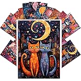 PIXILUV Vintage Postcards (24pcs 4"x6") Enchanted Evenings: Whimsical Cat Couples and Love-filled Landscapes in a Charming Vibrant Naïve Art Postcard Set