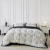 YuHeGuoJi Ruffle Botanical Duvet Cover King 100% Cotton 3 Pcs Set 1 Black White Floral Duvet Cover with Zipper Ties 2 Pillow Shams Vintage Farmhouse Grey Flower Bedding Set Soft