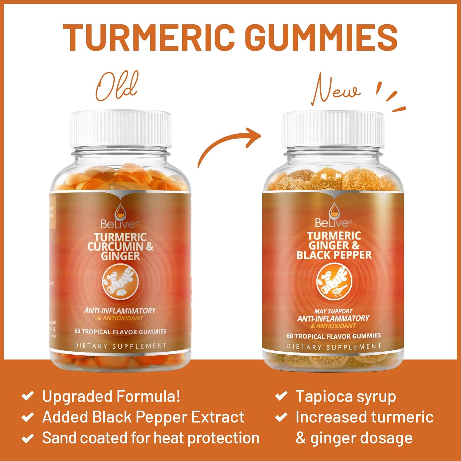 Turmeric Curcumin Gummies with Ginger & Black Pepper Extract, Joint Support and Pain Relief. Anti-Inflammatory, Chews for Adults & Kids, 60 Chewable Gummy Vitamins: Health & Personal Care