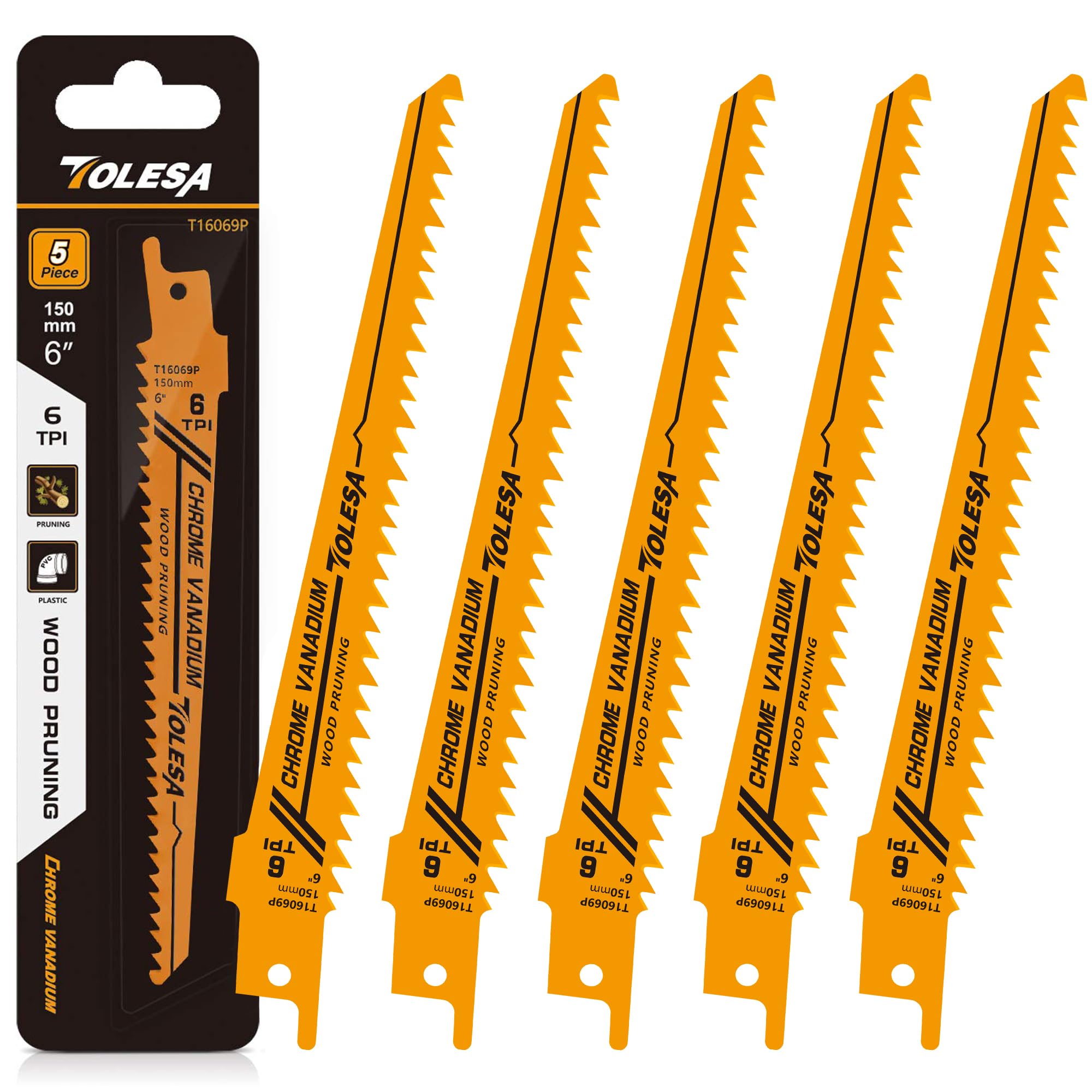 TOLESA Wood Pruning Reciprocating Saw Accessories - 150mm 6 TPI Sawzall Accessories Green - CRV Sharp Ground Teeth for Quick Cutting - 5 Pack
