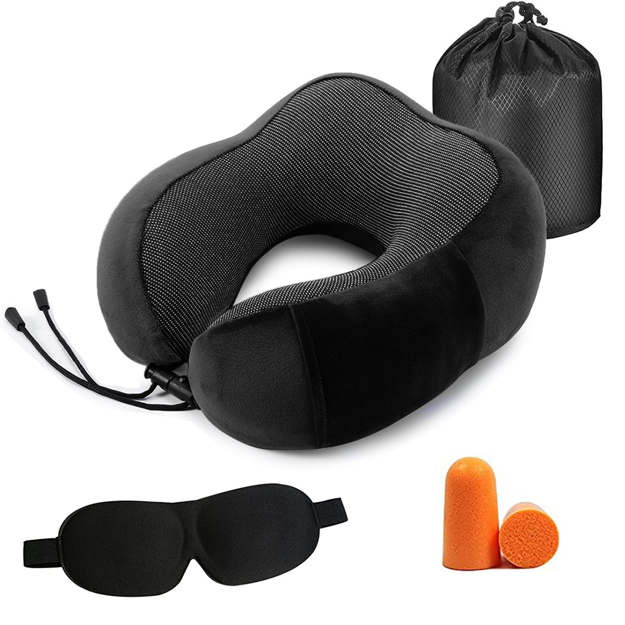 Travel Pillow Memory Foam Neck Pillow for Airplane，Adjustable Flight Pillow Ergonomic Neck Cushion for Adults With Ear Plugs, Eye Mask, Carry Bag (Black)