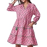 Kedera Womens Casual Mini Dress Long Sleeve Floral Ruffle V Neck Fall Loose Boho Babydoll Dresses with Pockets