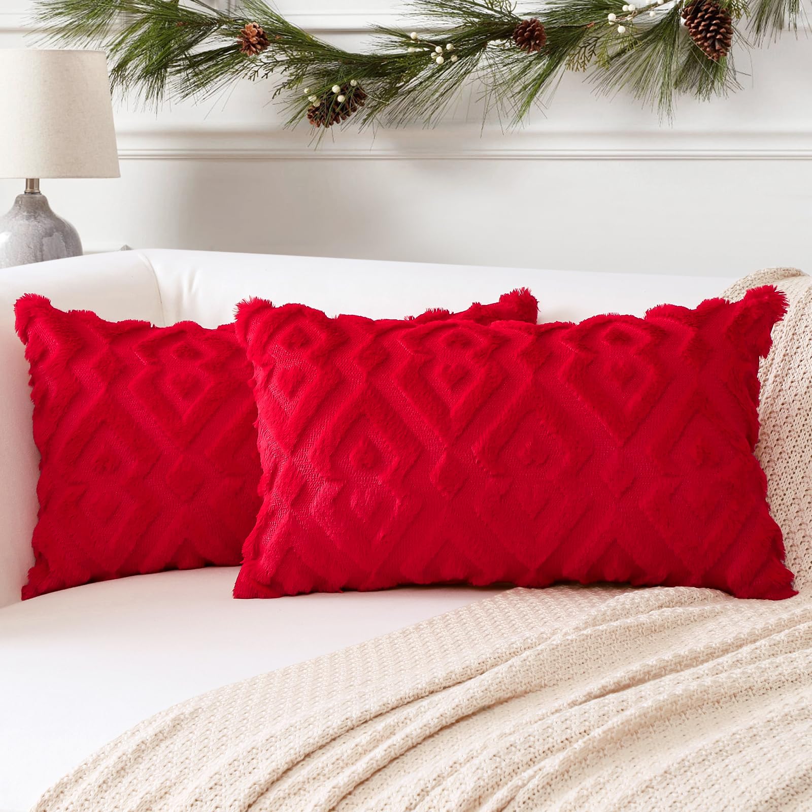 Artscope Pack of 2 Soft Plush Short Wool Velvet Decorative Cushion Covers Luxury Style Throw Pillow Covers Christmas Pillow Shell for Sofa Bedroom Diamond Shape Red, 40x60cm