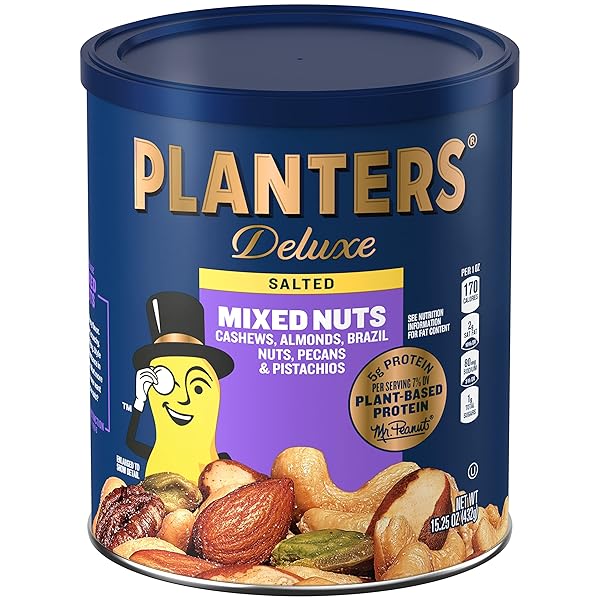 PLANTERS DELUXE SALTED MIXED NUTS, PARTY SNACKS, PLANT-BASED PROTEIN 15.25OZ (1 CANISTER)