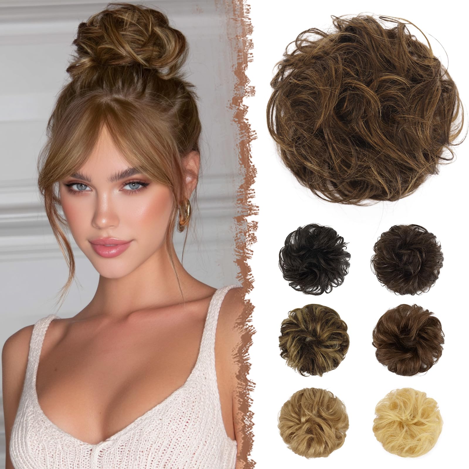 FESHFEN Human Hair Messy Buns, 100% Human Hair Bun Hair Piece Real Hair Extension Wavy Curly Hair Scrunchies Tousled Updo Chignon Hairpieces for Women Girls, Dark Brown Mixed Blonde โ image 1