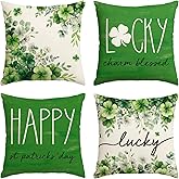 AVOIN colorlife Happy ST Patricks Day Lucky Charm Blessed Clover Throw Pillow Covers, 18 x 18 Inch White Floral Lucky Shamrock Decoration for Sofa Couch Set of 4