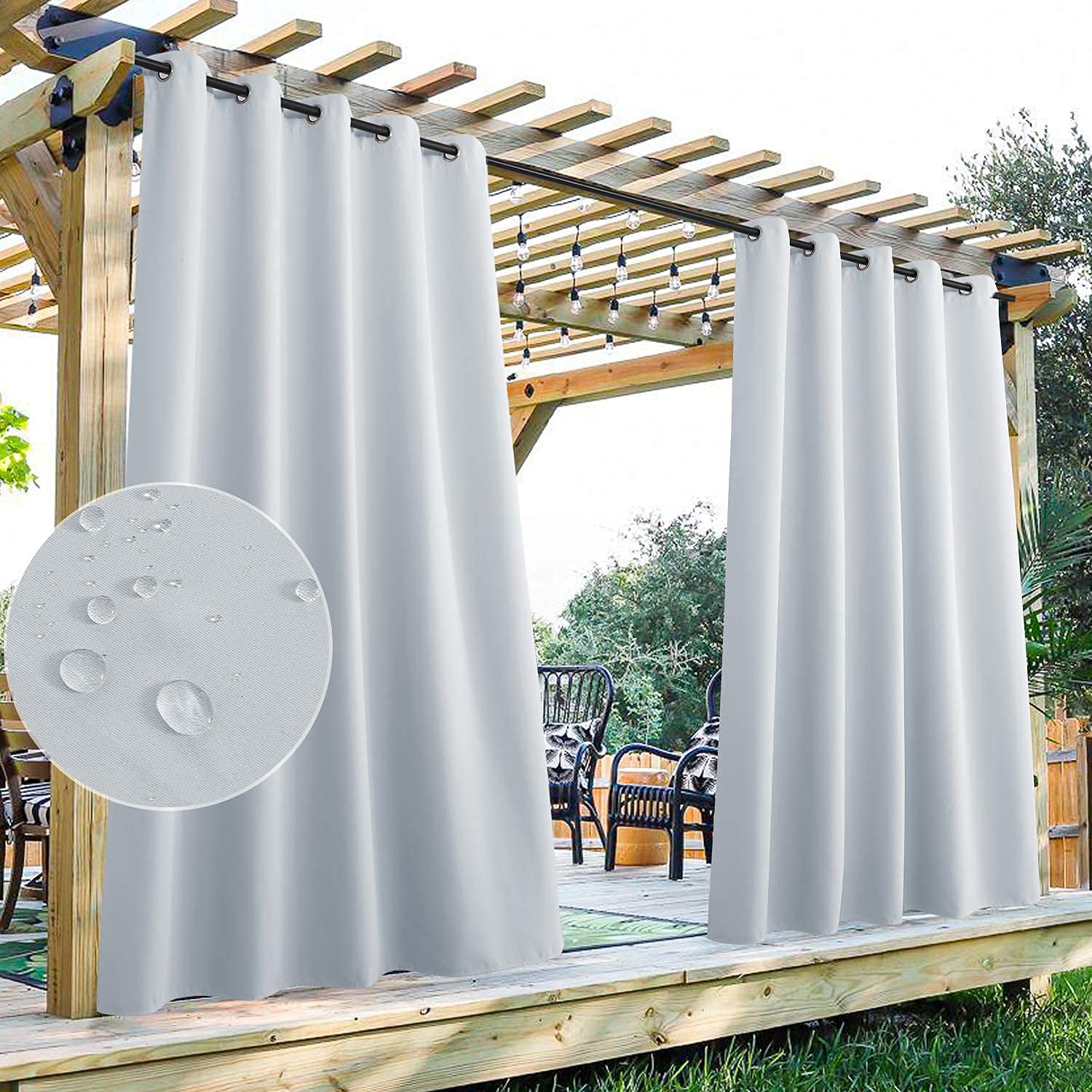 StangH Outdoor Curtains for Patio - Thick Fabric Heavy Duty Waterproof Curtain Panel Prevent Rain and Wind in, Grommet Top Blackout Drapes for Lanai/Porch, W70 x L95, Greyish White, 1 Panel