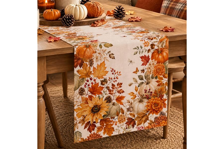 Fall Table Runner 13×72 in with Fall Decor Pumpkin, Sunflower&Leaf | Orange Table Runner, Linen-Like Texture, Ideal Table Decor for Dining Rooms, Kitchens & Entryways