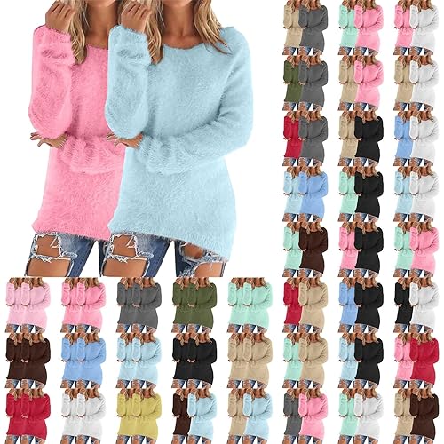 2PC Fleece Jumpers for Women UK Fluffy Fall Jumper Lightweight Crew Neck Long Sleeve Solid Plush Sweatshirts Fashion Soft Plain Thin Sweater Casual Knitted Pullover Tops Ladies Stretch Cozy Blouses