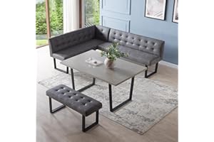 HIPIHOM 3 Piece Dining Table Set with Bench, 42.9 Inch Modern Kitchen Table with Right Seat Corner Bench and 43.3 Inch Bench for Family Dining Room Furniture