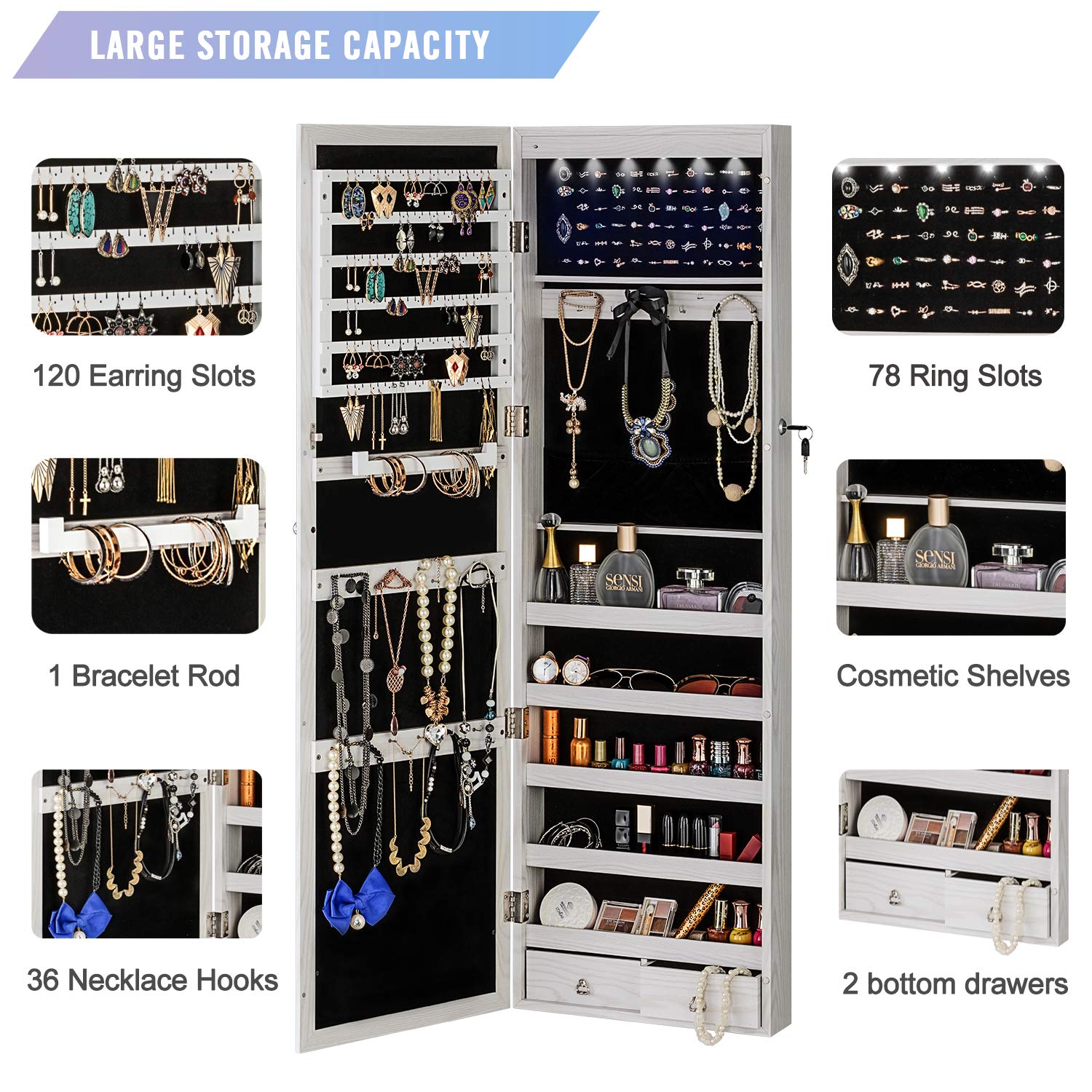 YOKUKINA Jewelry Mirror Cabinet, Large Storage Organizer w/ LED Light, Door-Hanging/ Wall-Mounted Lockable Armoire (Ivory)