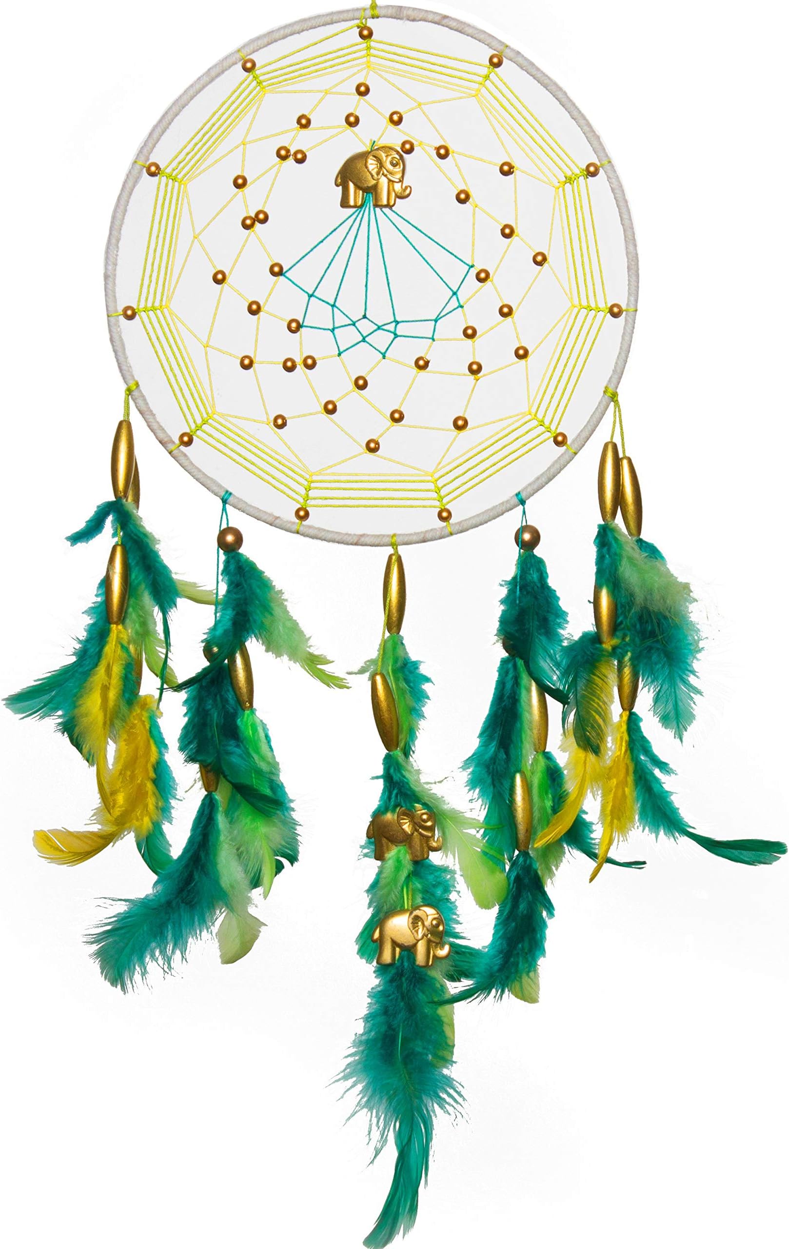 Rooh Dream Catcher ~ Green and Yellow with Gold Elephant ~Handmade hangings (Can be Used as Home Decor, Gift, Wall Hangings, Meditation Room, Yoga Temple, Wind Chime & Car Hanging)