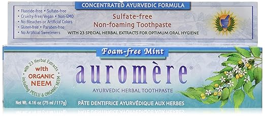 Ayurvedic Herbal Toothpaste Foam-Free Mint by Auromere - Fluoride-Free, Natural, with Neem, Vegan and Sulfate-Free - 4.16 oz