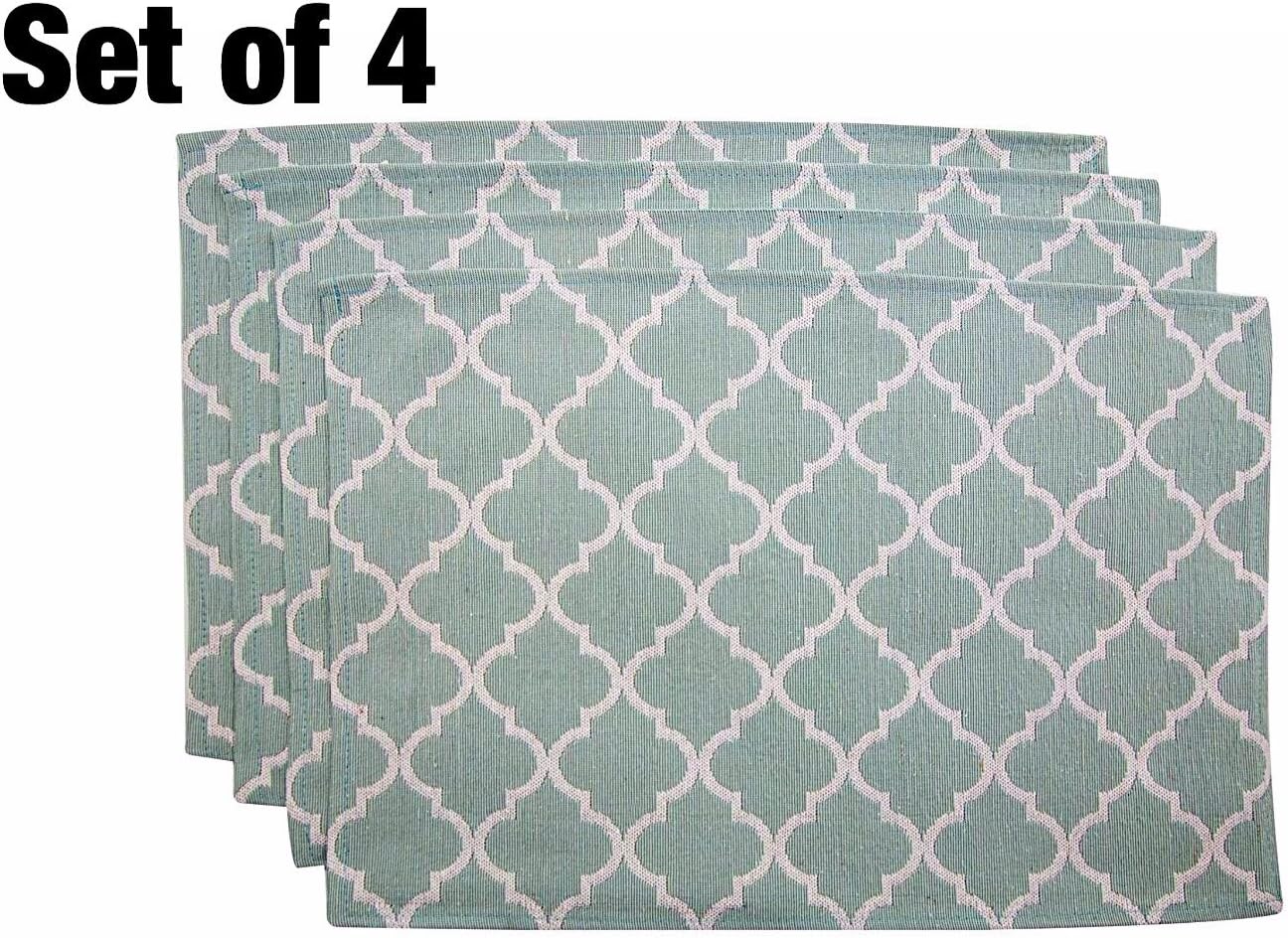 Living Fashions Washable Woven Quatrefoil Placemats (13” x 19”) Non-slip Table Mats for Kitchen Dining, Set of 4, Color Seafoam Green