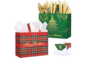 YANGTE 2 Pack 13" Large Christmas Gift Bags with Tissue Paper, Reusable Non-Woven Christmas Bag with Handles for Holiday Presents Wrapping, Holiday Tote Bags for Gifts Wrapping Xmas Party Favors