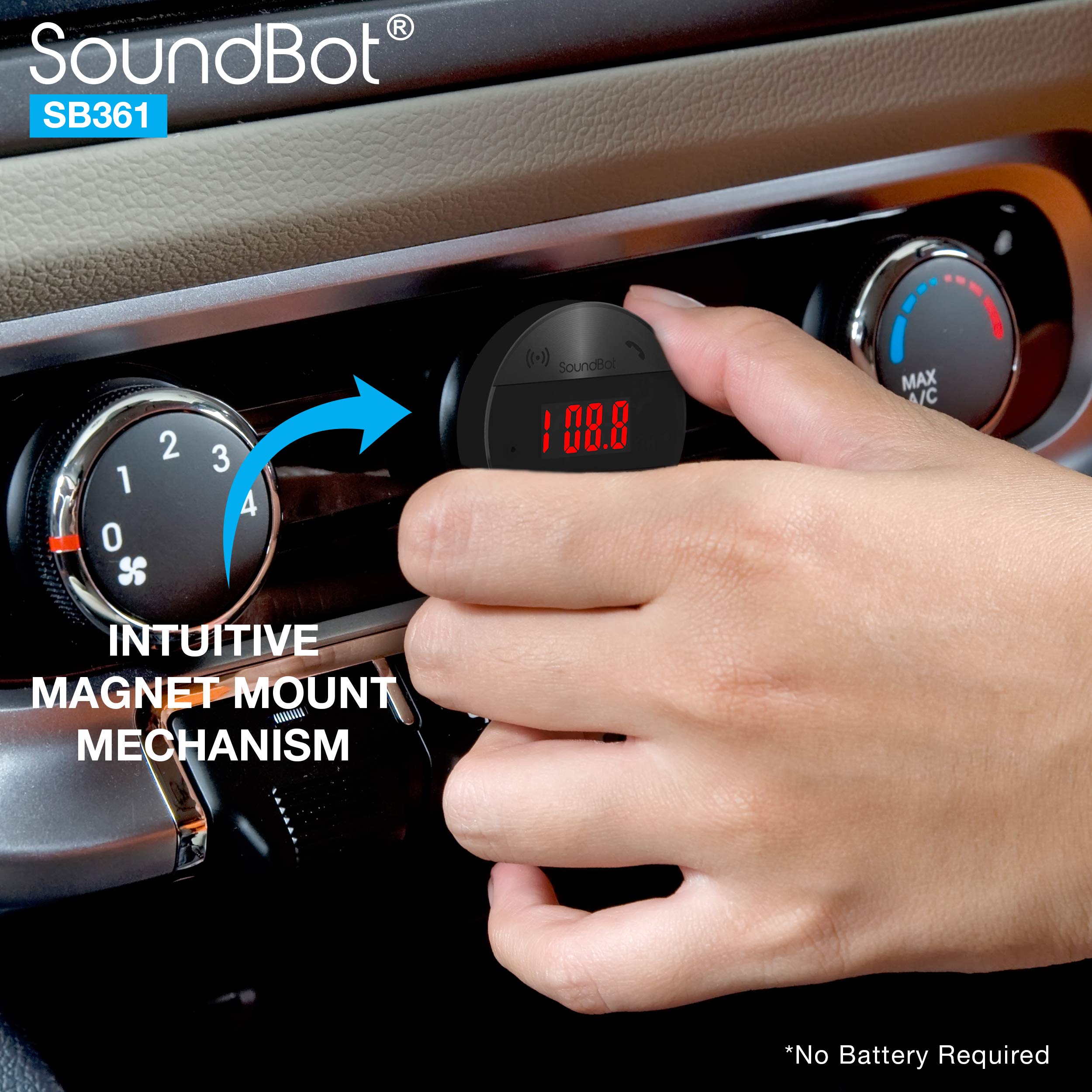 Soundbot SB361 FM Radio Wireless Car Kit Universal Receiver Transmitter Accessory Full Spectrum HD Music Streaming Hands Free Talking LED Display Voice Command Built-in Mic USB ChargerSB361-BLK/BLK