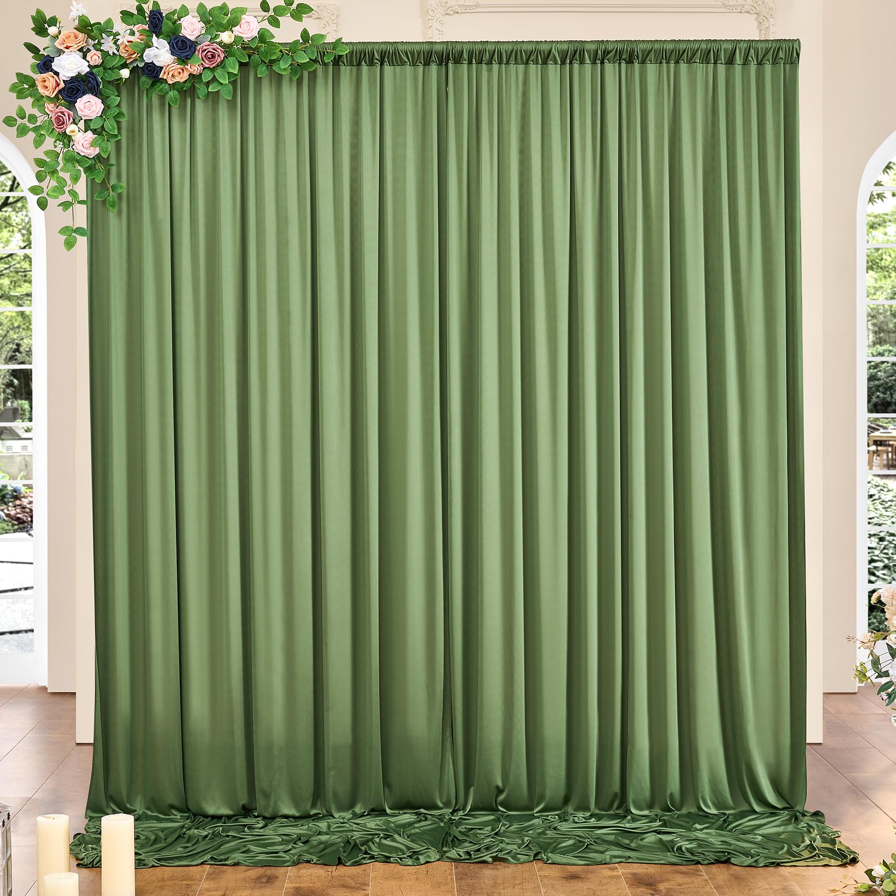 Photo 1 of 10ft x 10ft Wrinkle Free Olive Green Backdrop Curtains for Parties, Polyester Green Photo Backdrop Drapes 2 Panels 5x10ft for Wedding Birthday Party Photography Background Backdrop Stand