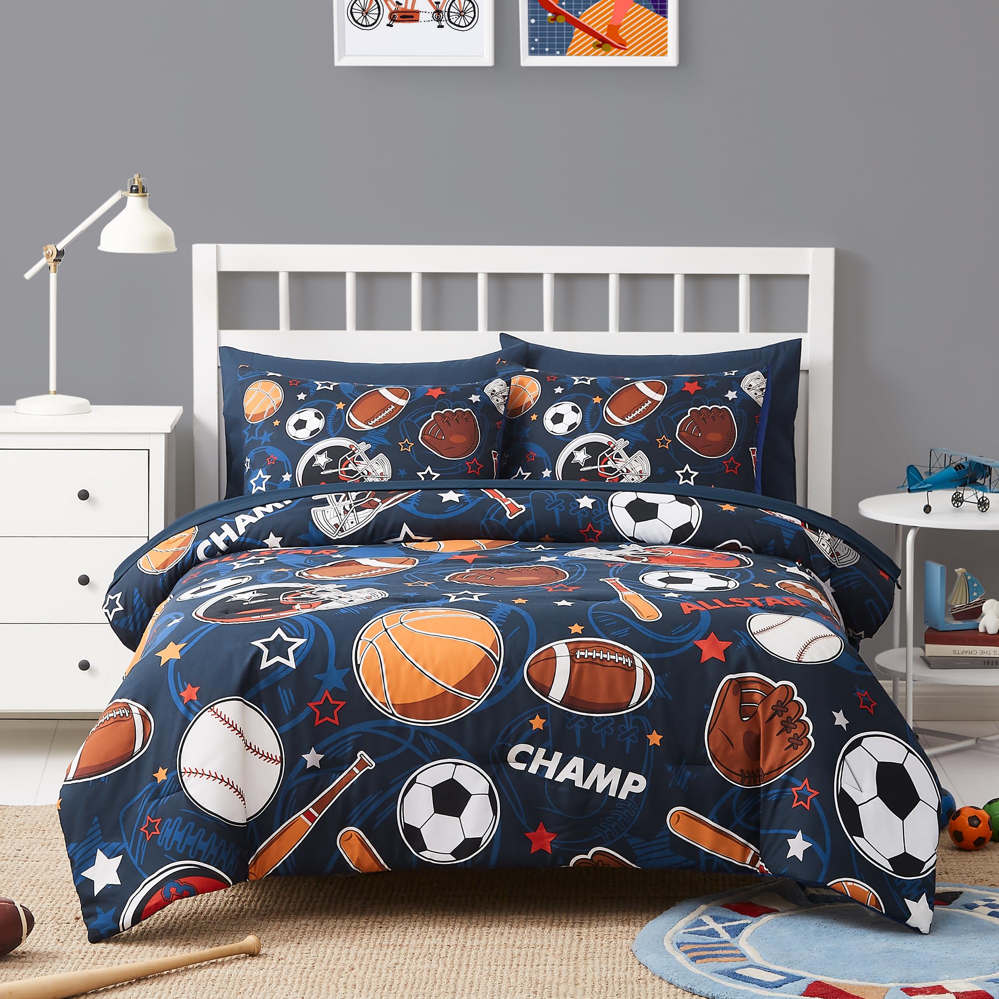 Photo 1 of Kaleido Space Full Kids Comforter Set - 7 Pieces Full Bedding Sets for Boys Teen, Glow in The Dark Sports Ball Games Bed in A Bag with Sheets