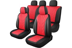 CAROMOP Luxury Faux Leather&Fabric Car Seat Covers Full Set with Breathable 3D Foam Back Support,Universal Comfortable Seat Covers for Cars,Trucks,SUVs, Front Armrests Compatible(5-Seat Black/Red)