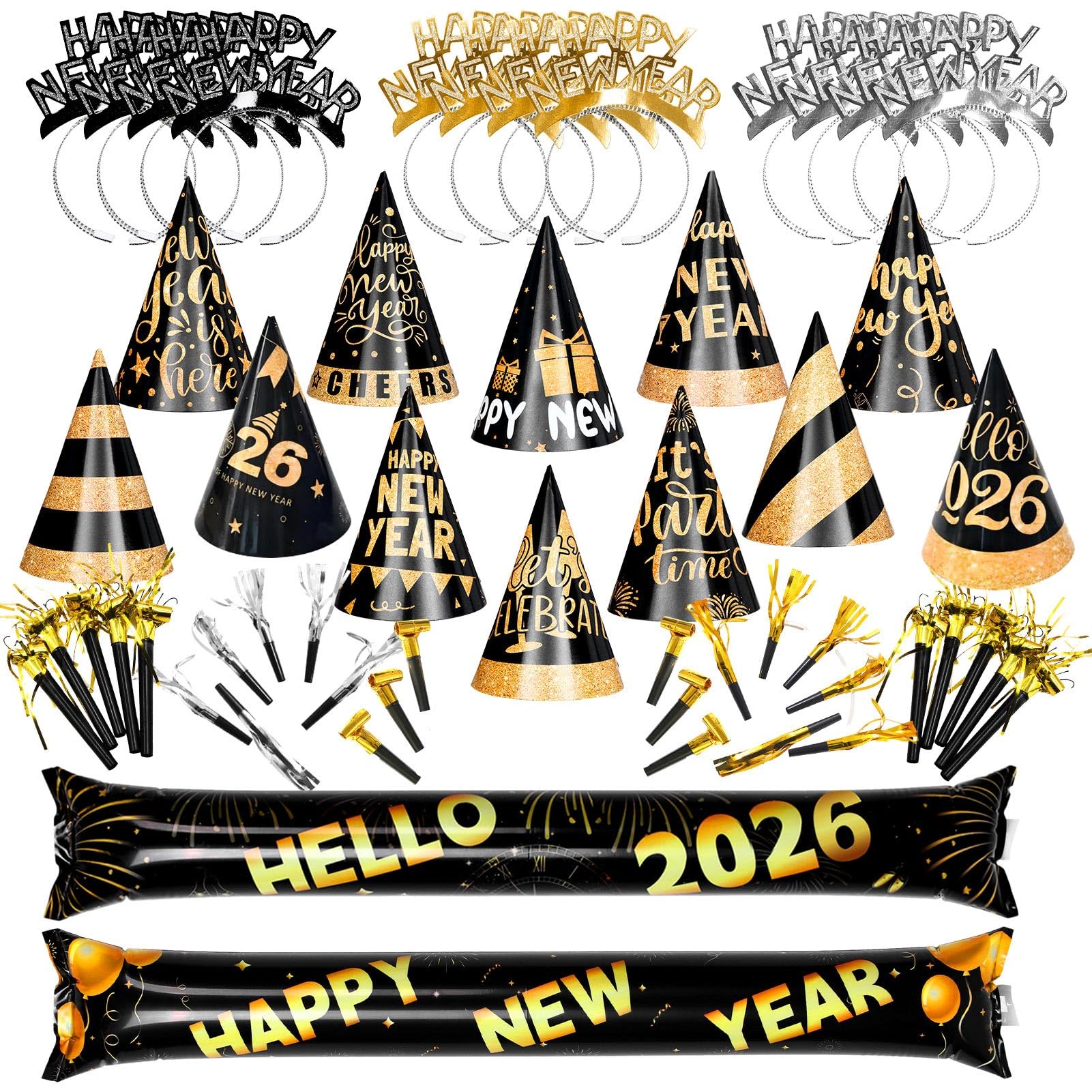 Alaiyaky New Years Eve Party Accessories Set, 64 Pcs 2026 Party Supplies Suit with Happy New Year Headband Clapping Sticks Party Blowers Hats, Black and Gold Photo Booth Props for New Years 2026