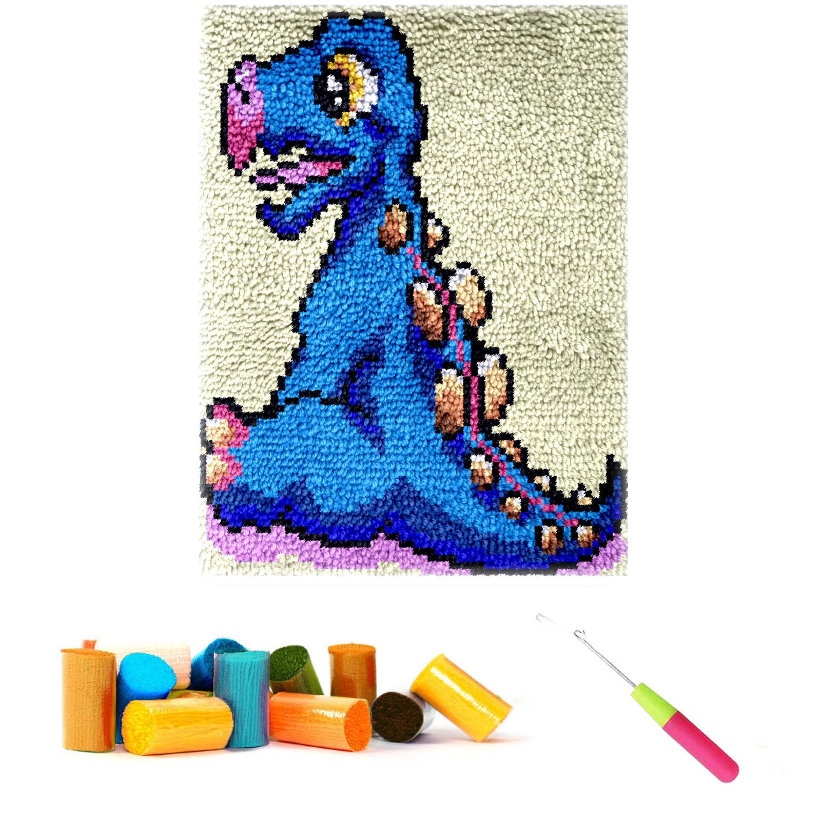 CCWORAN Cartoon Dinosaur Rug Making Kit for Adults DIY Craft Latch Hook Rug Kit Set Tapestry Cushion Knitting Patterns Printed Mesh Mat Canvas Wool Yarn Fabric Decorations Home Gift 2