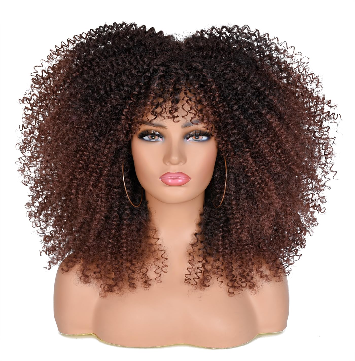 ISAMY Long Curly Wigs for Black Women Afro Bomb Curly Wig with Bangs Synthetic Fiber Glueless Long Afro Kinky Curly Hair (T1B-33)