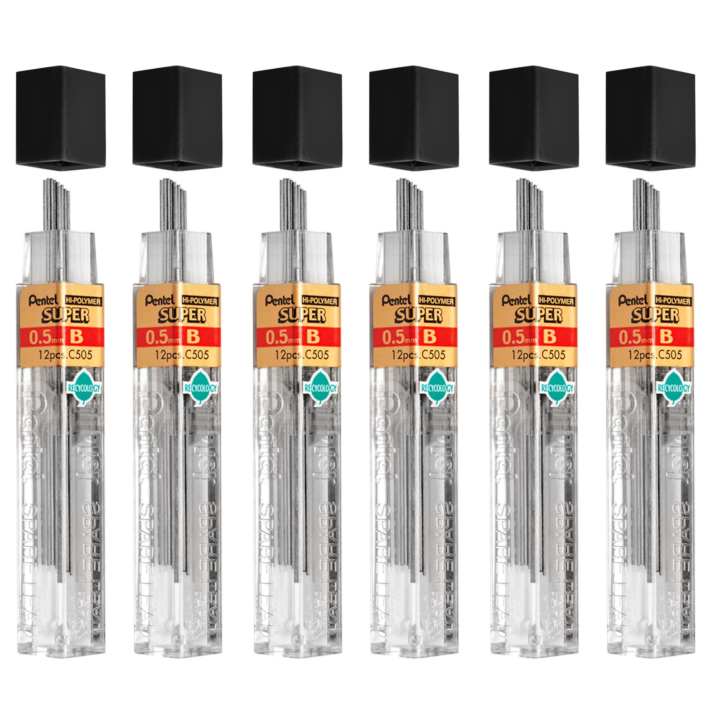 Pentel Super Polymer Refill Replacement Spare Leads for Automatic & Mechanical Pencils (Pack of 6, 0.5mm B)