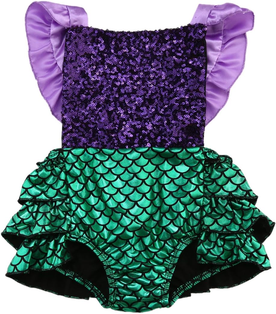 Lovely Baby Girl Ruffle Sleeveless Sequins Mermaid Bodysuit Mermaid Bubble Summer Clothes Outfit Sets 0-24M