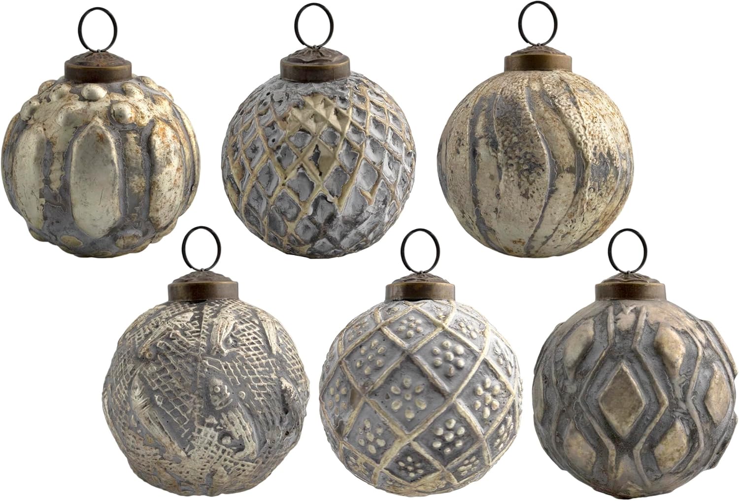 Ornaments - AuldHome Farmhouse Ball Ornaments (Set of 6, Gold); Distressed Metal Glass Ball Vintage Style Christmas Decorations