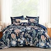 Luxudecor King Comforter Set 7 Pieces Bedding Sets, Navy Blue Floral Comforter and Sheet Set, Soft Microfiber Bed in a Bag for All Seasons (Navy Blue,104"x90")